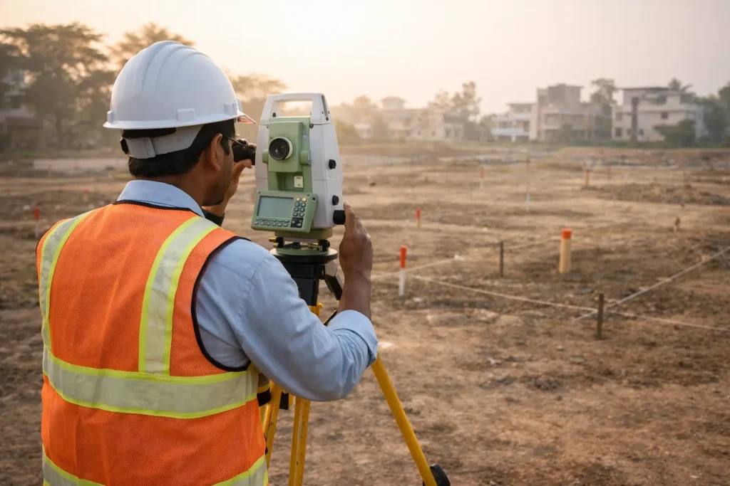 Land surveyor with a total station measuring a lot