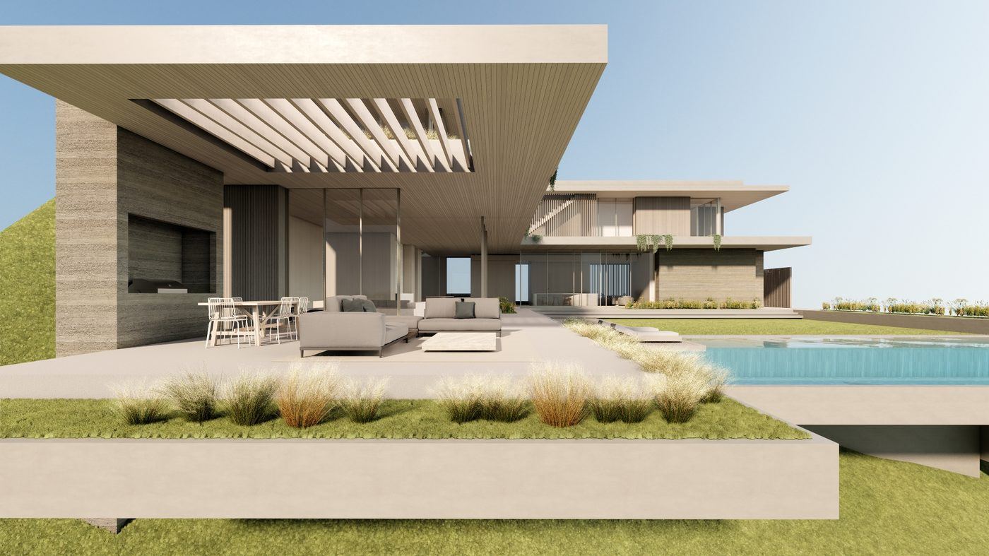 Rendering of a contemporary ocean view home rebuild in Marquez Knolls, Pacific Palisades